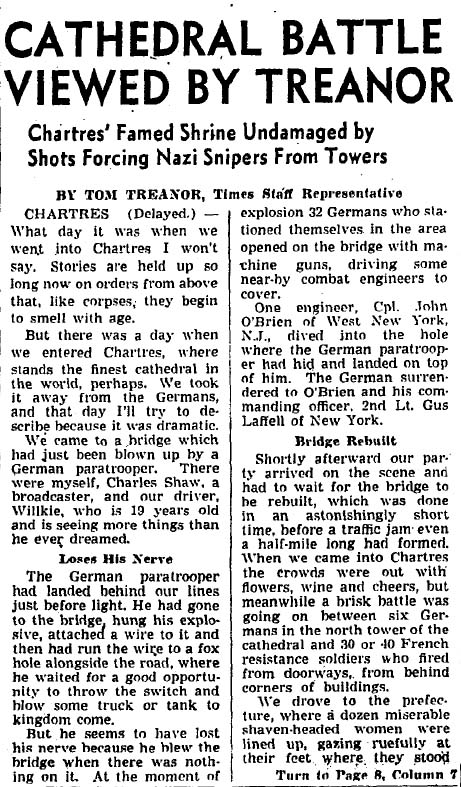 August 19, 1944, Tom Treanor's last story, filed from Chartres.