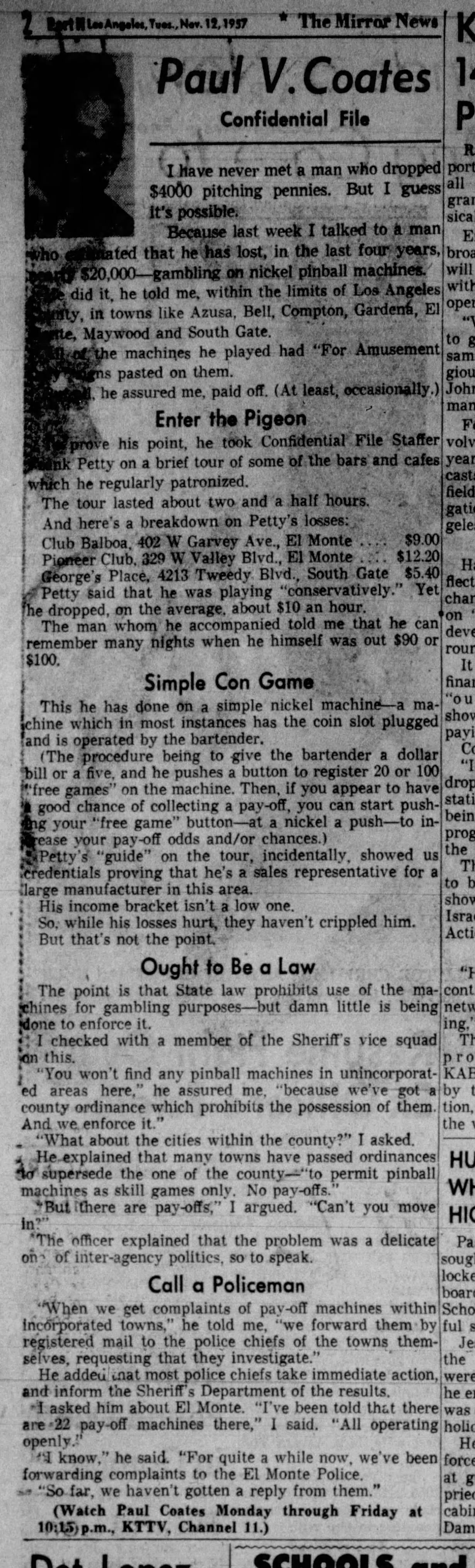 November 12, 1957: Paul Coates