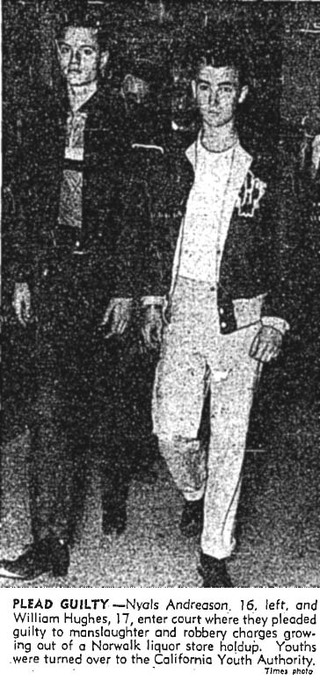 February 18, 1958: Nyals Andreason and William Hughes enter court, pleading guilty to manslaughter and robbery. They are two teenagers in jackets, shirts and pants. 