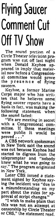 January 23, 1958: UFO comment censored