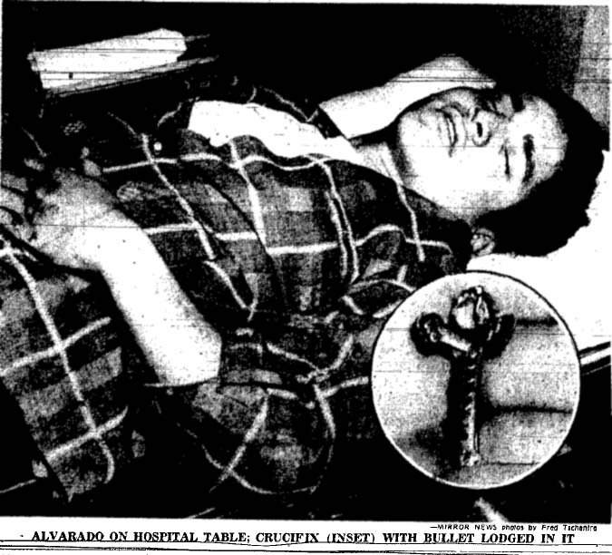 February 7, 1958: Elias Alvarado lying on table, with inset of crucifix pierced by a bullet