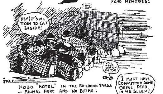 March 16, 1908: Cartoon of homeless men trying to sleep outside.