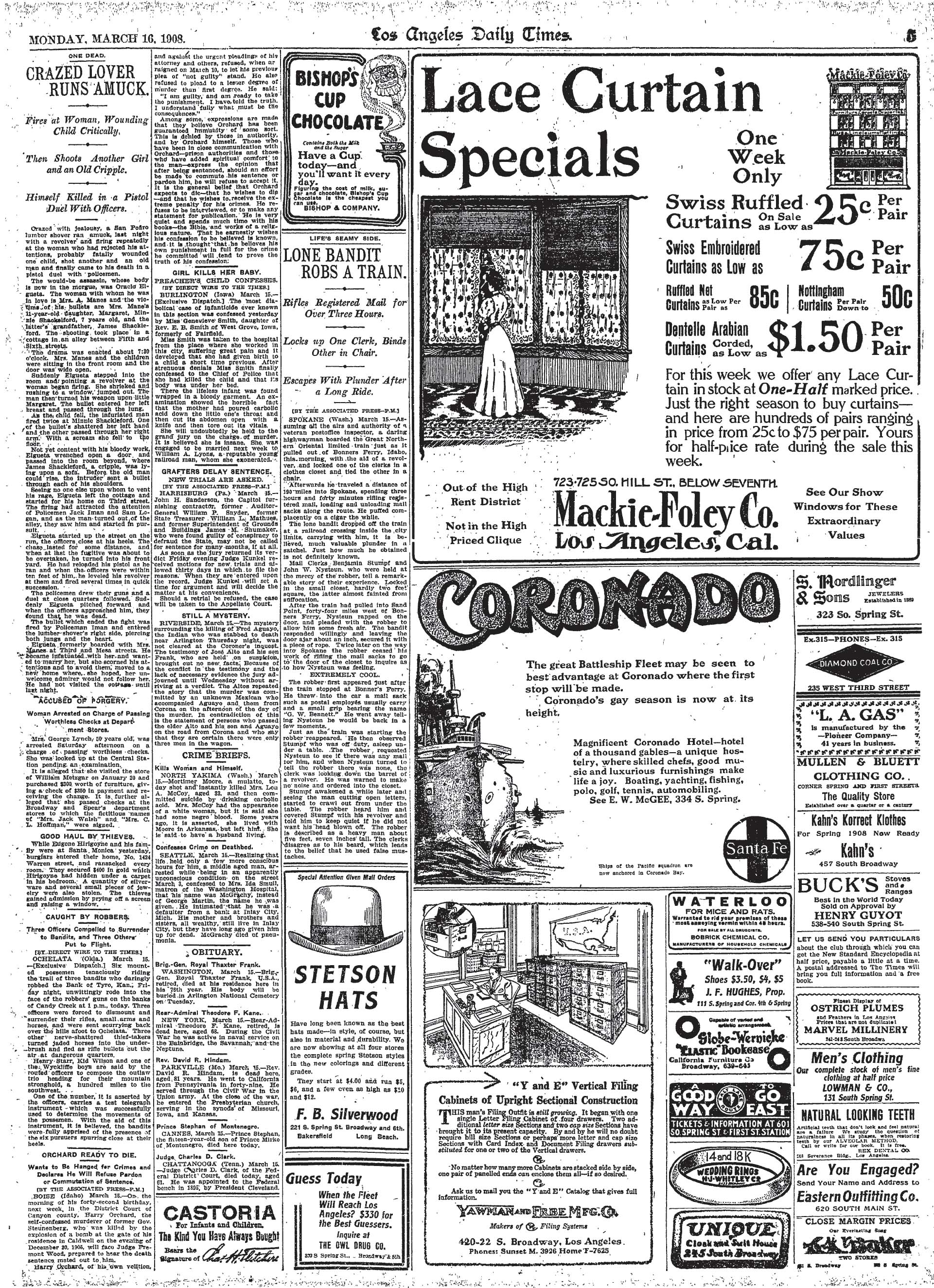 March 16, 1908: Crazed lover and train robber!