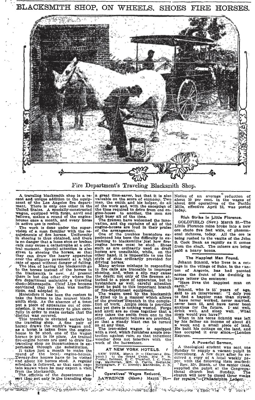 March 31, 1908: Traveling blacksmith visits L.A. firehouses. 