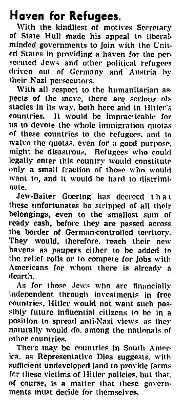 March 30, 1938: Times Opposes Eased Immigration Quotas for Jews Fleeing Hitler 