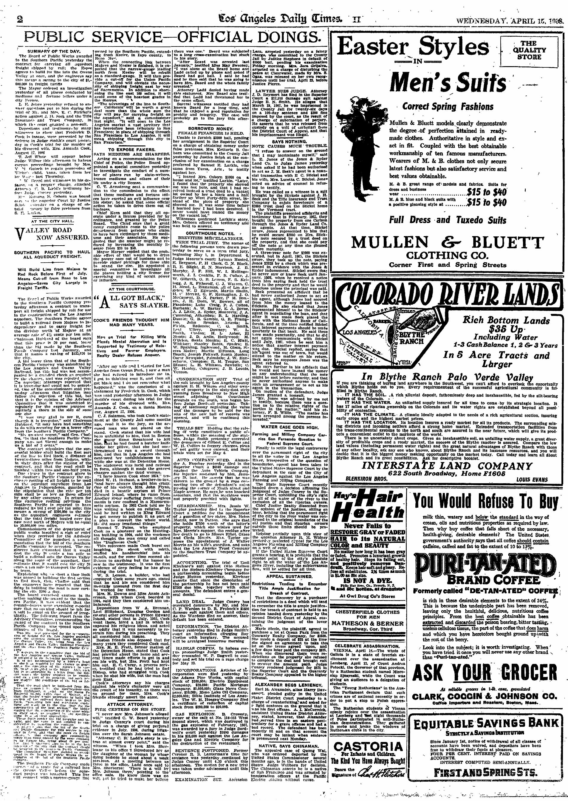 April 15, 1908: A special committee will investigate mediums, fortune tellers and slate-writers, all of whom are licensed by the city. A man charged with killing his ex-wife on a streetcar says "all got black" and has no recollection of the incident. 