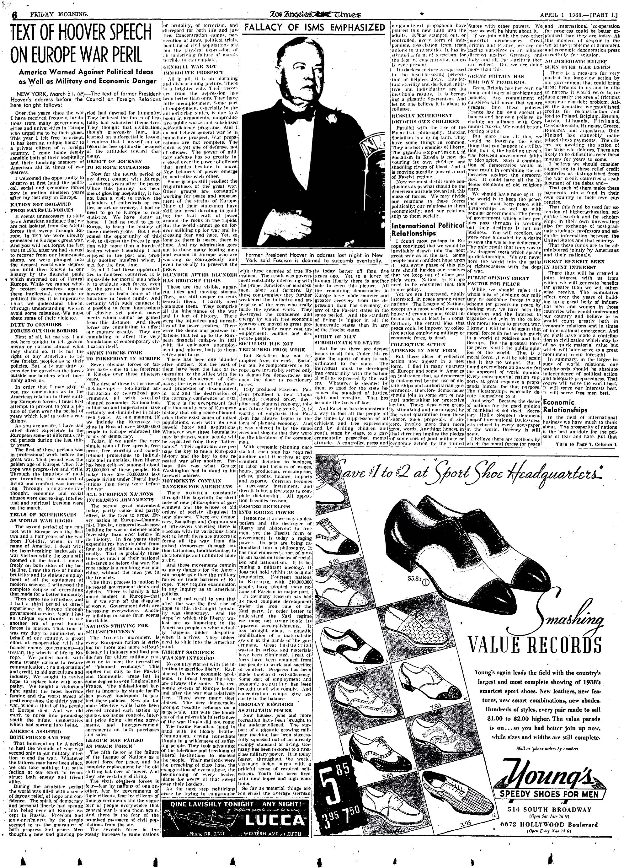 April 1, 1938: Herbert Hoover speech on the situation in Europe and in America