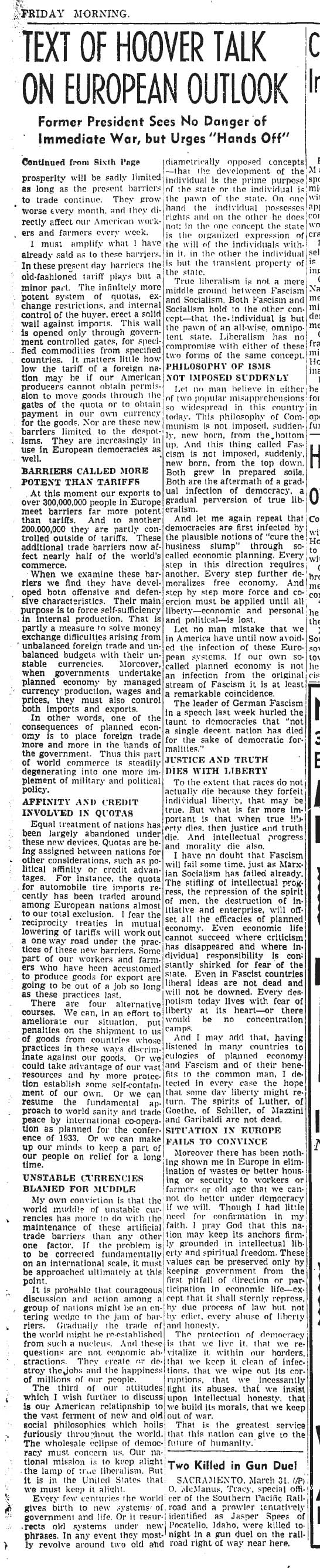 April 1, 1938: Herbert Hoover speech on foreign relations