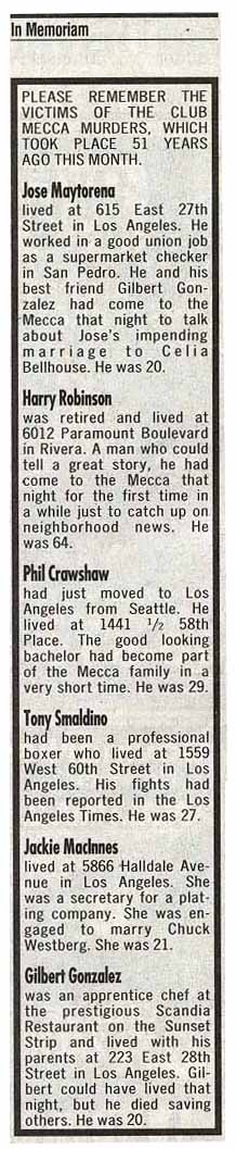 April 20, 2008: In memoriam for victims of the Club Mecca firebombing