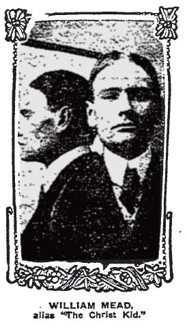August 16, 1907: Mug shot of the Christ Kid, showing profile and full face. A man with a tie, his hair parted in the middle