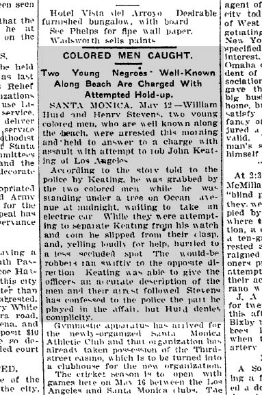 May 13, 1908: Men held in attempted holdup at streetcar stop. 