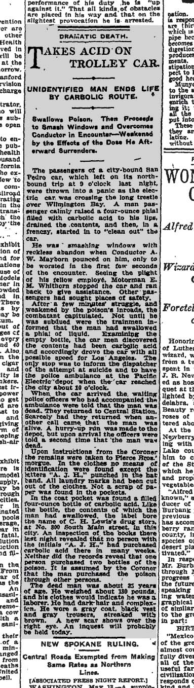 May 14, 1909: Man commits suicide on streetcar by swallowing carbolic acid