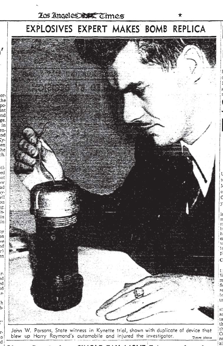 May 7, 1938: Jack Parsons poses with replica of pipe bomb used in the Harry Raymond bombing. 