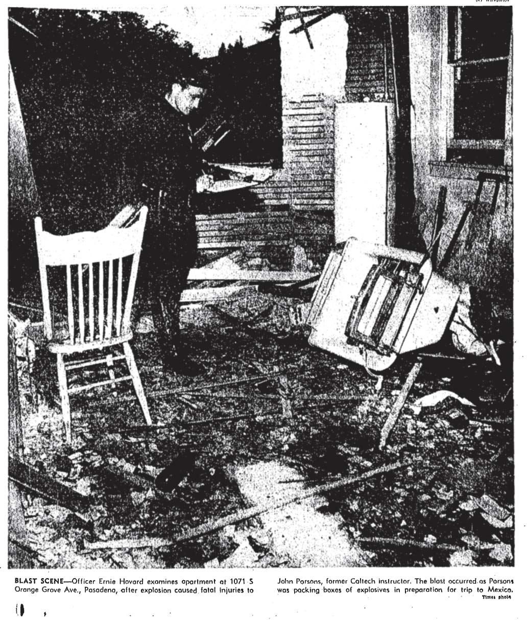 June 18, 1951: Wreckage from explosion that killed Jack Parsons. 