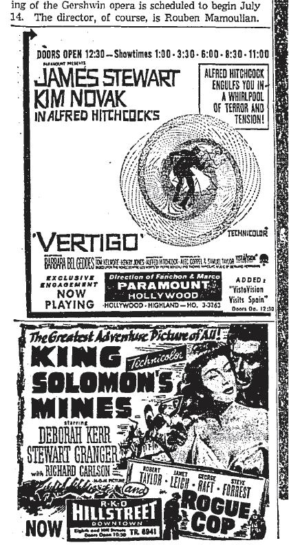 May 30, 1958: Movie ads for Vertigo and King Solomon's Mines
