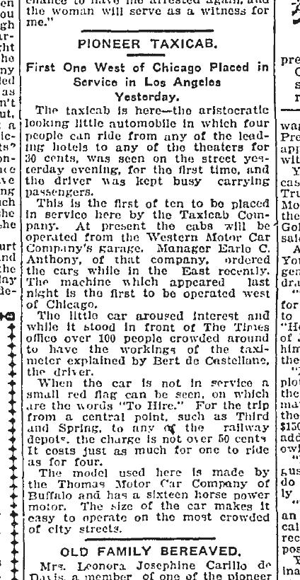 June 17, 1908: News story about Los Angeles' first taxicab