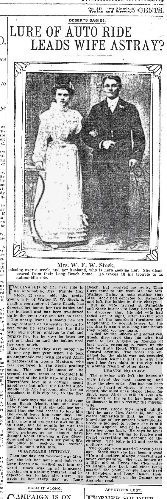 July 1, 1908: Wife lured from husband on auto ride.