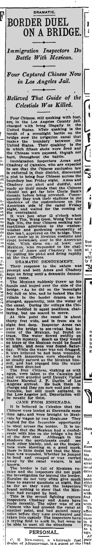 July 13, 1908: An attempt to smuggle Chinese men into the U.S. ends in gunfire.
