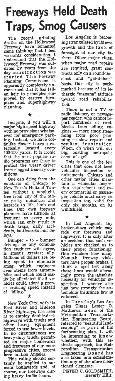 August 25, 1958: Letter writer complains about Los Angeles freeways.