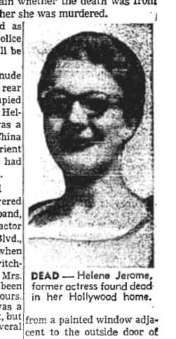 August 28, 1958: Photo of Helene Jerome, found dead in her Hollywood home. Her hair is pulled back and she is wearing glasses. 