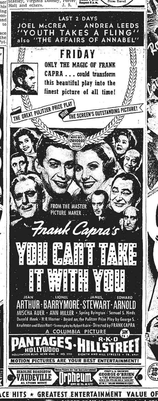 September 28, 1938: An ad for You Can't Take It With You