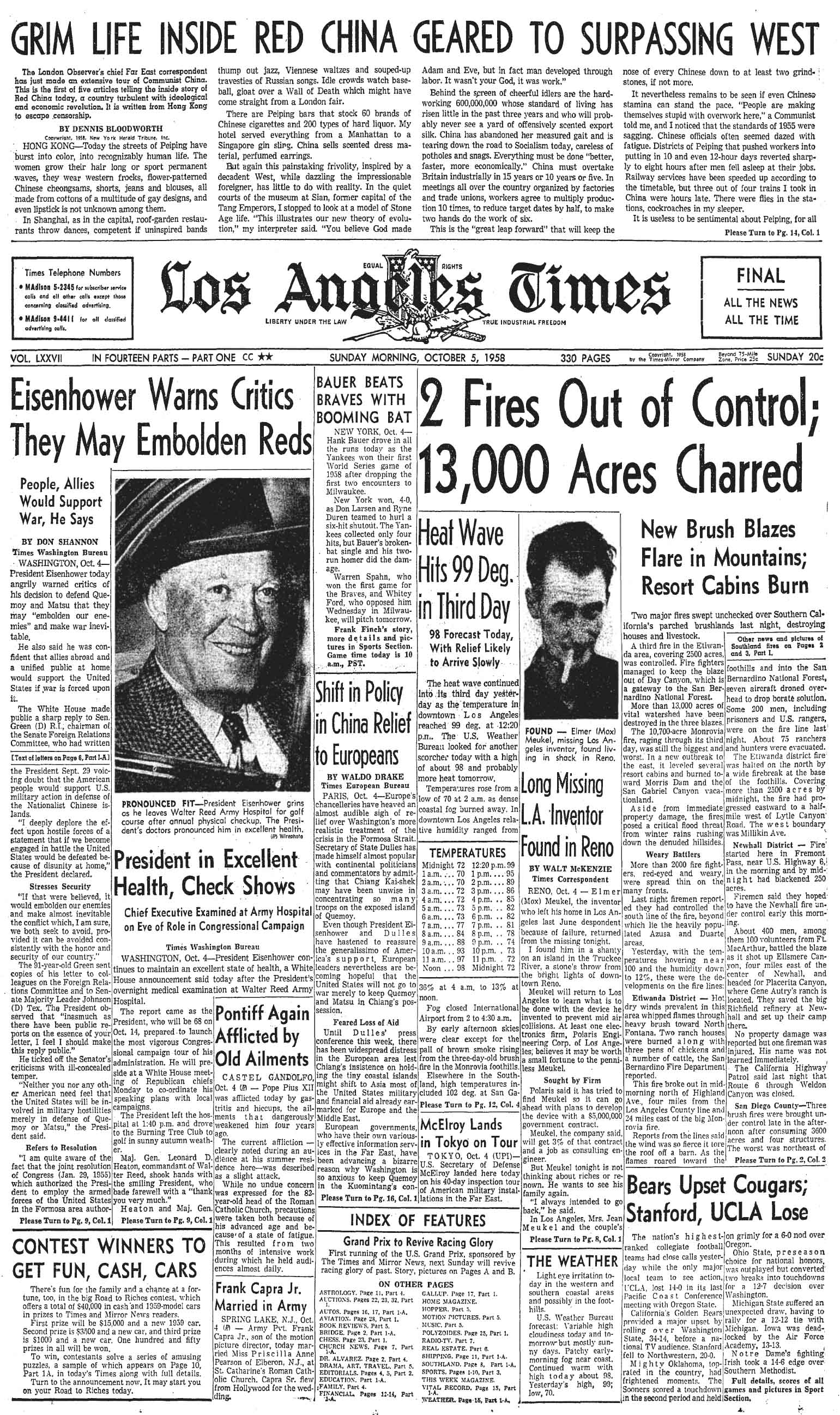 October 5, 1958: Los Angeles Times front page, with the story of Elmer Meukel. 
