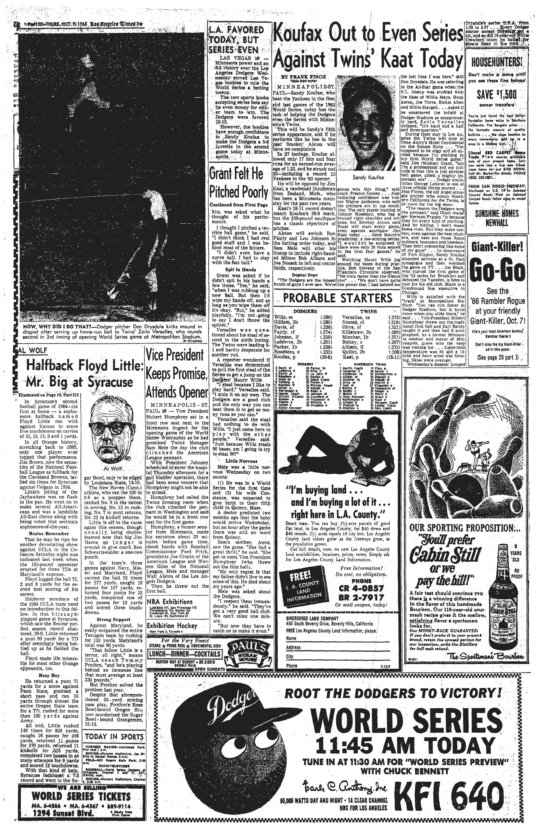 October 7,1965: Sandy Koufax pitches against the Minnesota Twins
