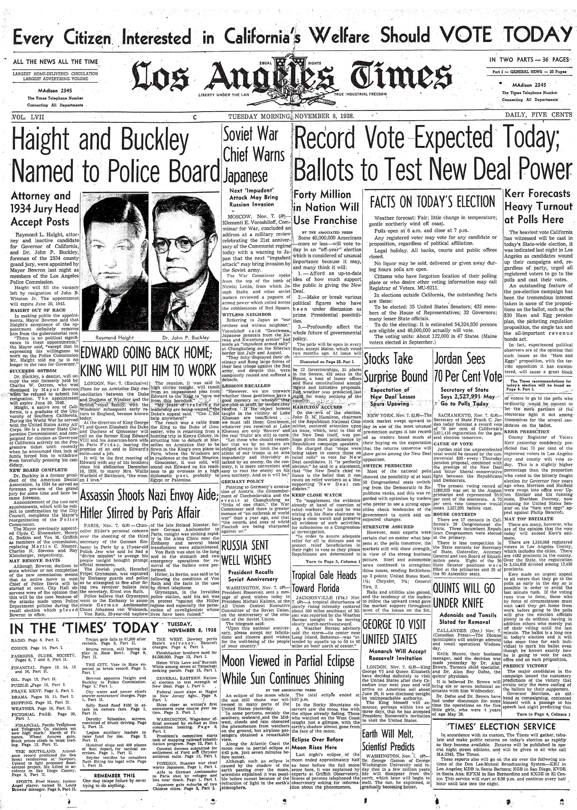 November 8, 1938: Los Angeles Times cover