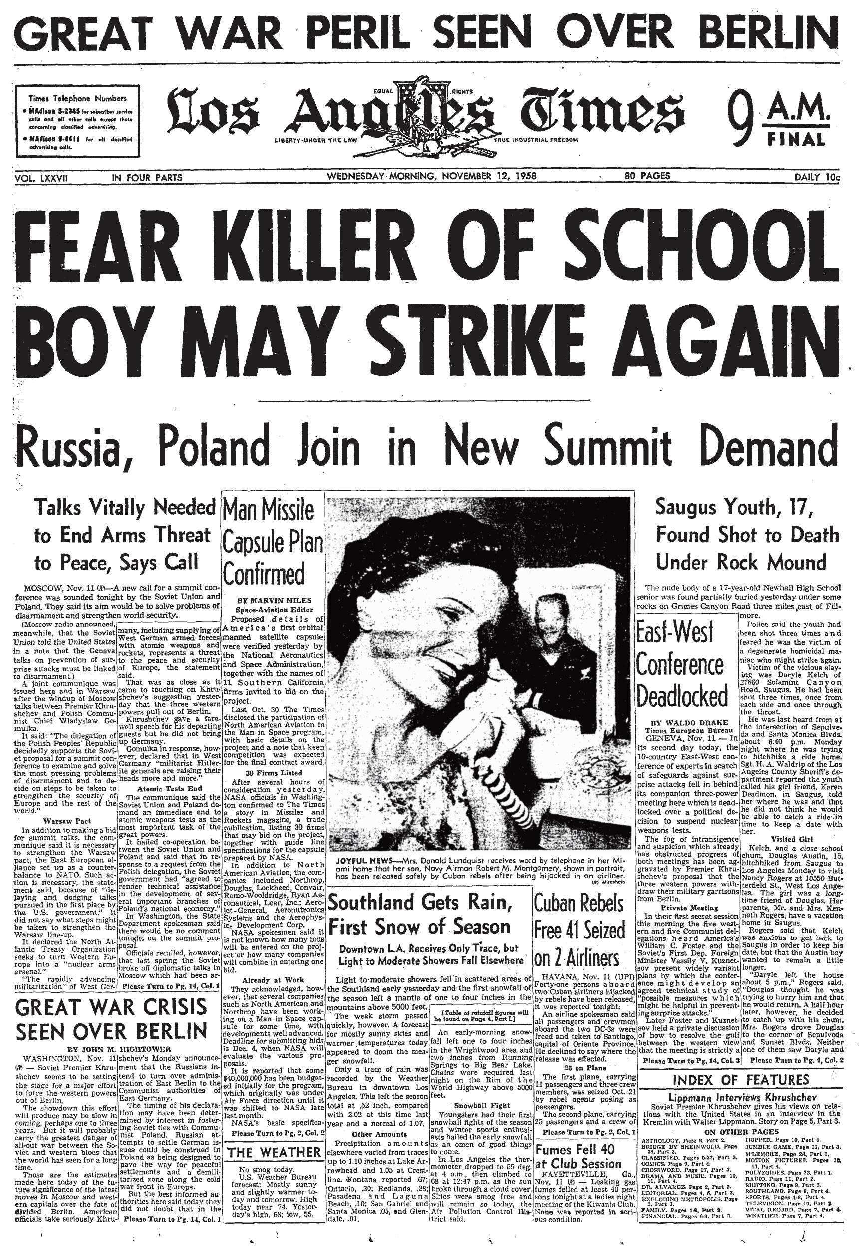 November 12, 1958: Los Angles Times cover: Fear Killer of School Boy May Strike Again