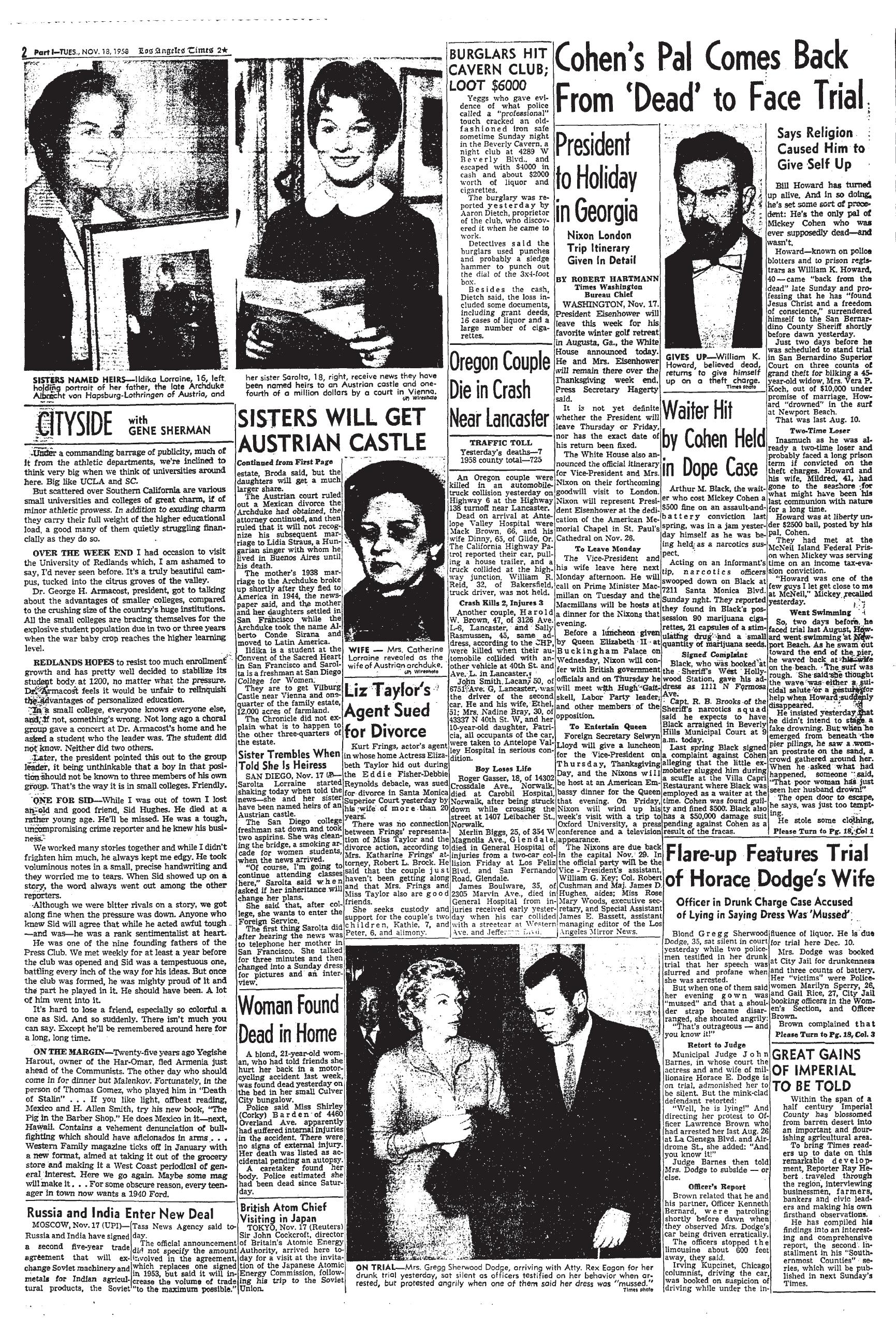 November 18, 1958: Mickey Cohen pal back from the dead