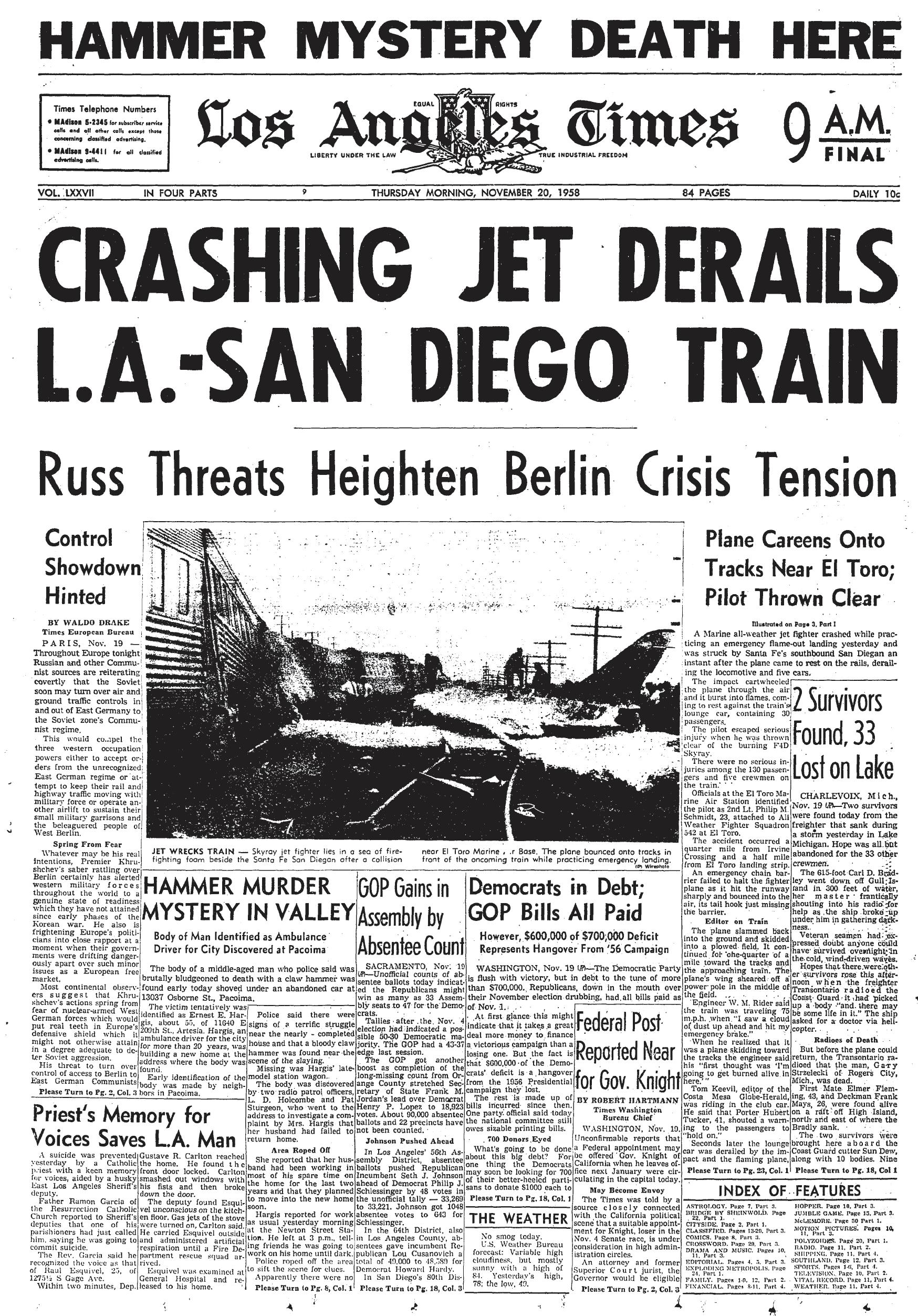 November 20m, 1958: Los Angeles Times cover: Crashing Jet Derails L.A.-San Diego Train