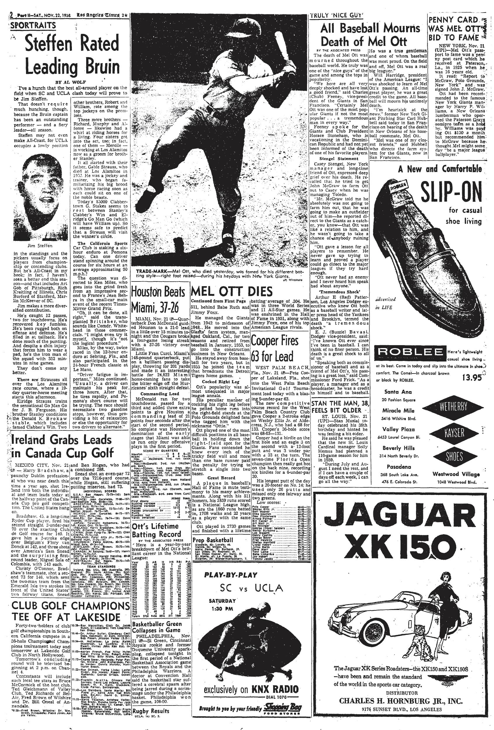 November 22, 1958: Mel Ott dies