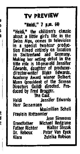 November 17, 1968: Heidi in TV listings