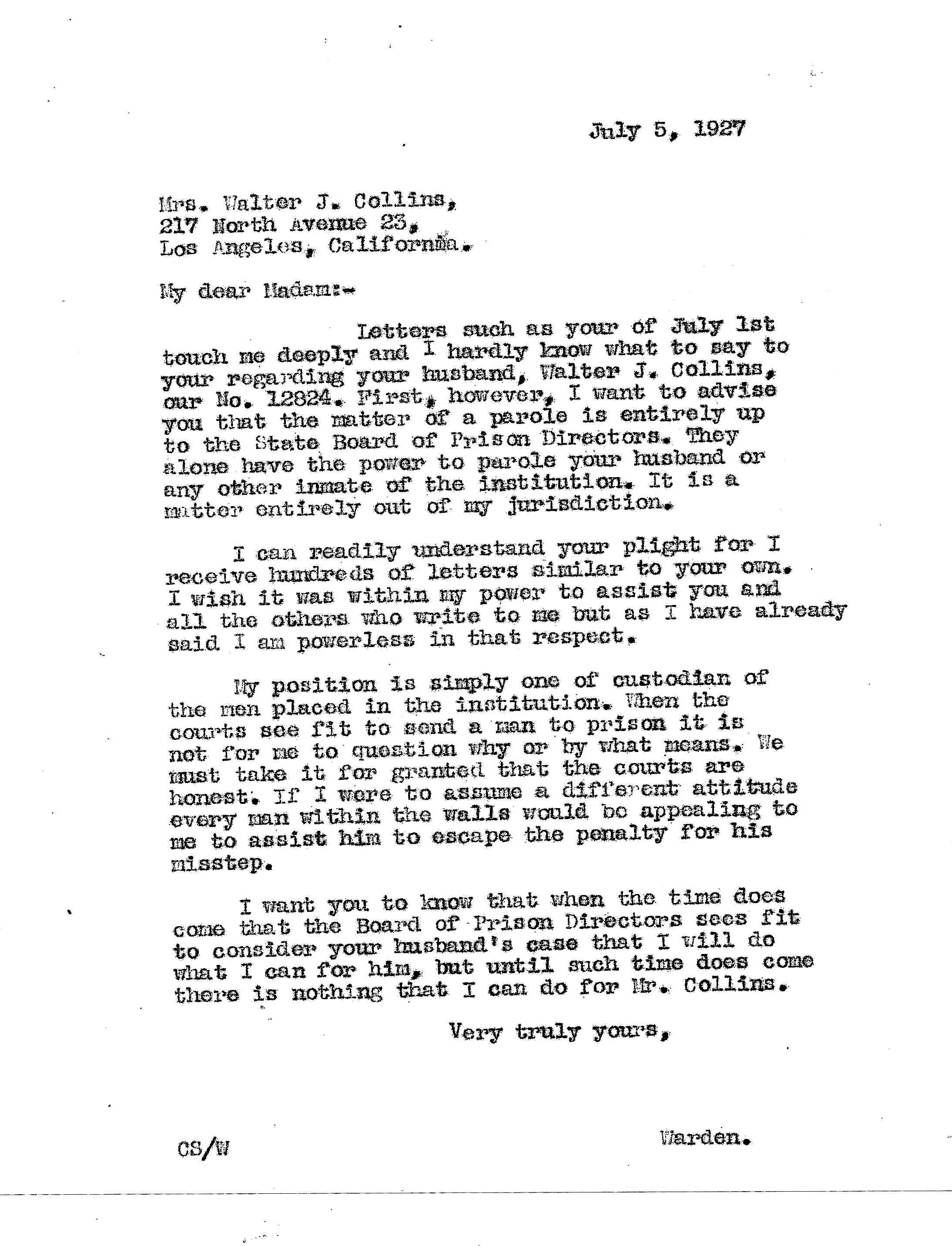 July 5, 1927: Letter to Christine Collins from the prison warden regarding parole for her husband, Walter.