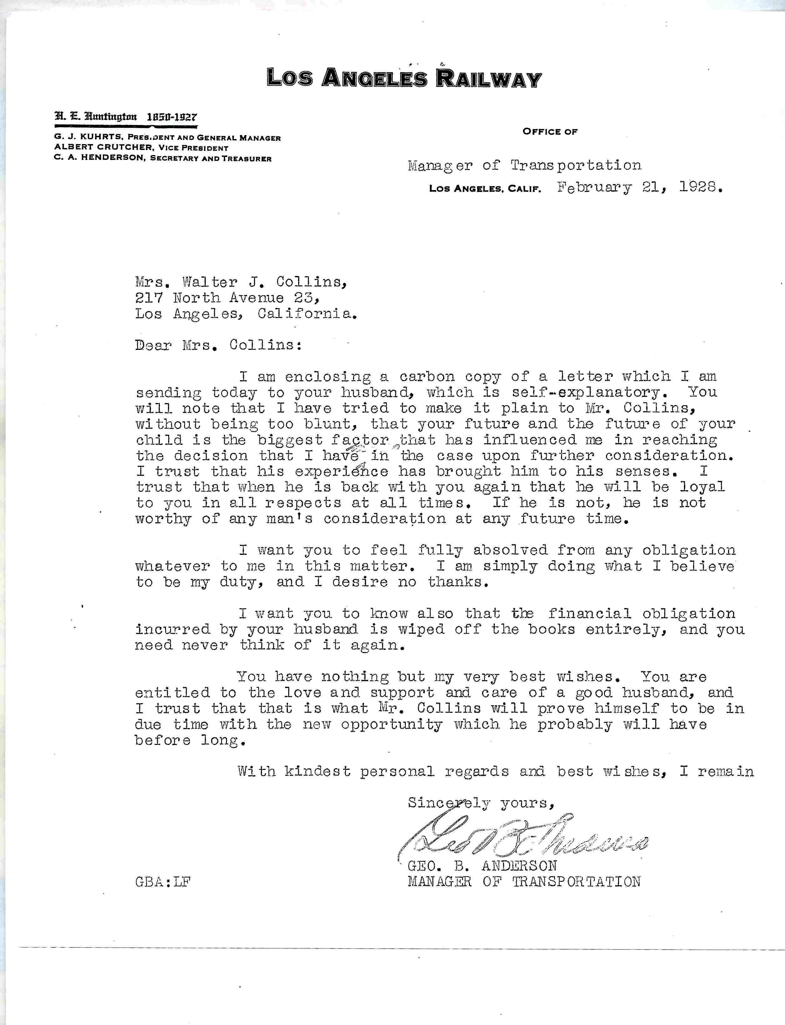 February 21, 1928: George B. Anderson writes a letter to Christine Collins regarding a letter to her husband, Walter, regarding his hopes for parole. 