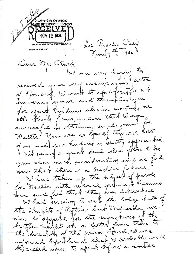 November 9, 1930: Christine Collins letter, Page 1