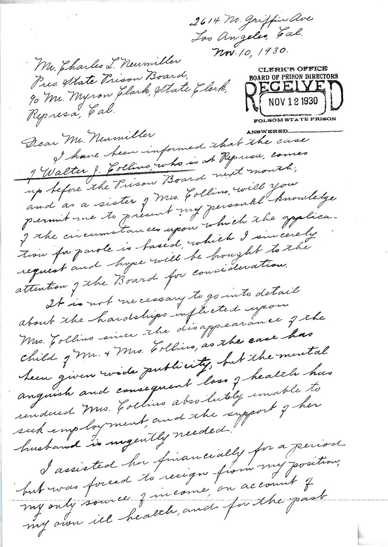 November 10, 1930: Christine Collins's sister writes to the prison board regarding Walter Collins, Page 1