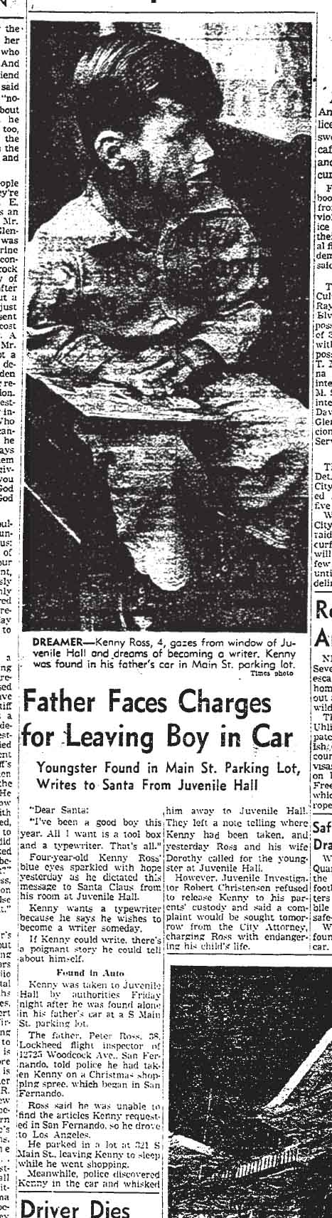 December 13, 1953: Kenny Ross found in car parked in skid row.