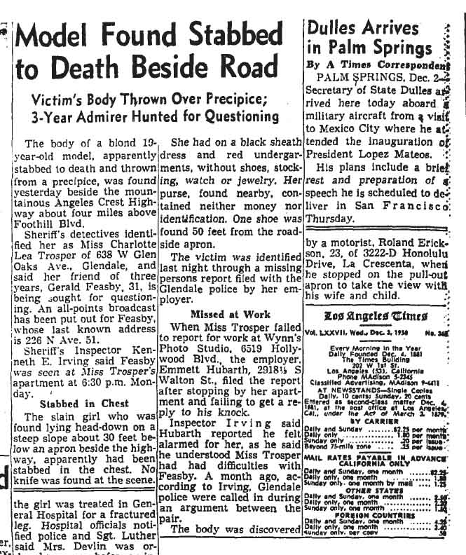 December 3, 1958: Model Found Stabbed Beside Road