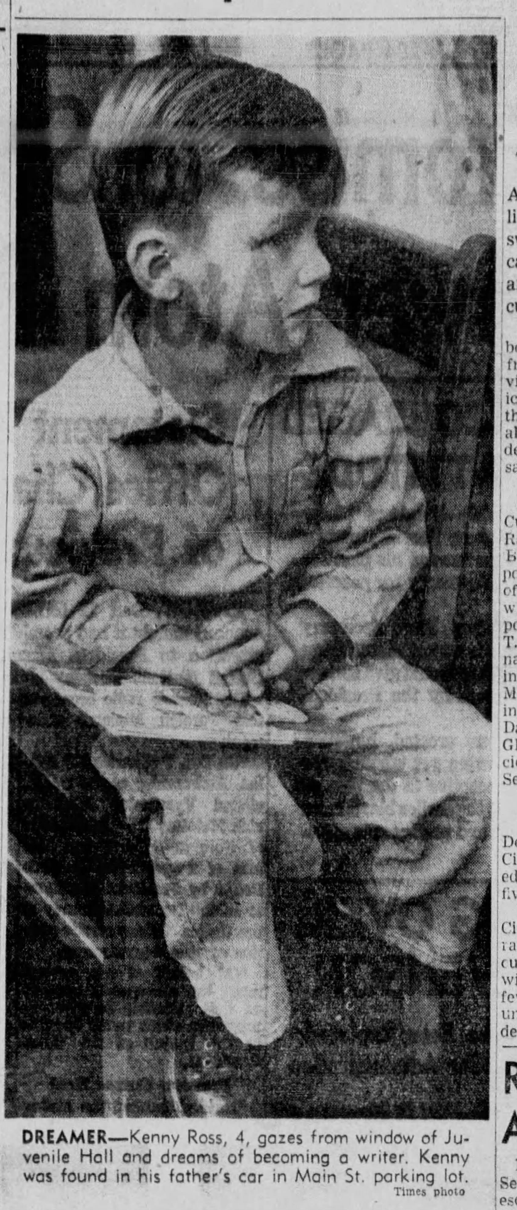 December 13, 1953: A young boy sitting in a chair. Kenny Ross, 4, gazes from window of Juvenile Hall and dreams of becoming a writer. Kenny was found in his father's car in a Main Street parking lot. 