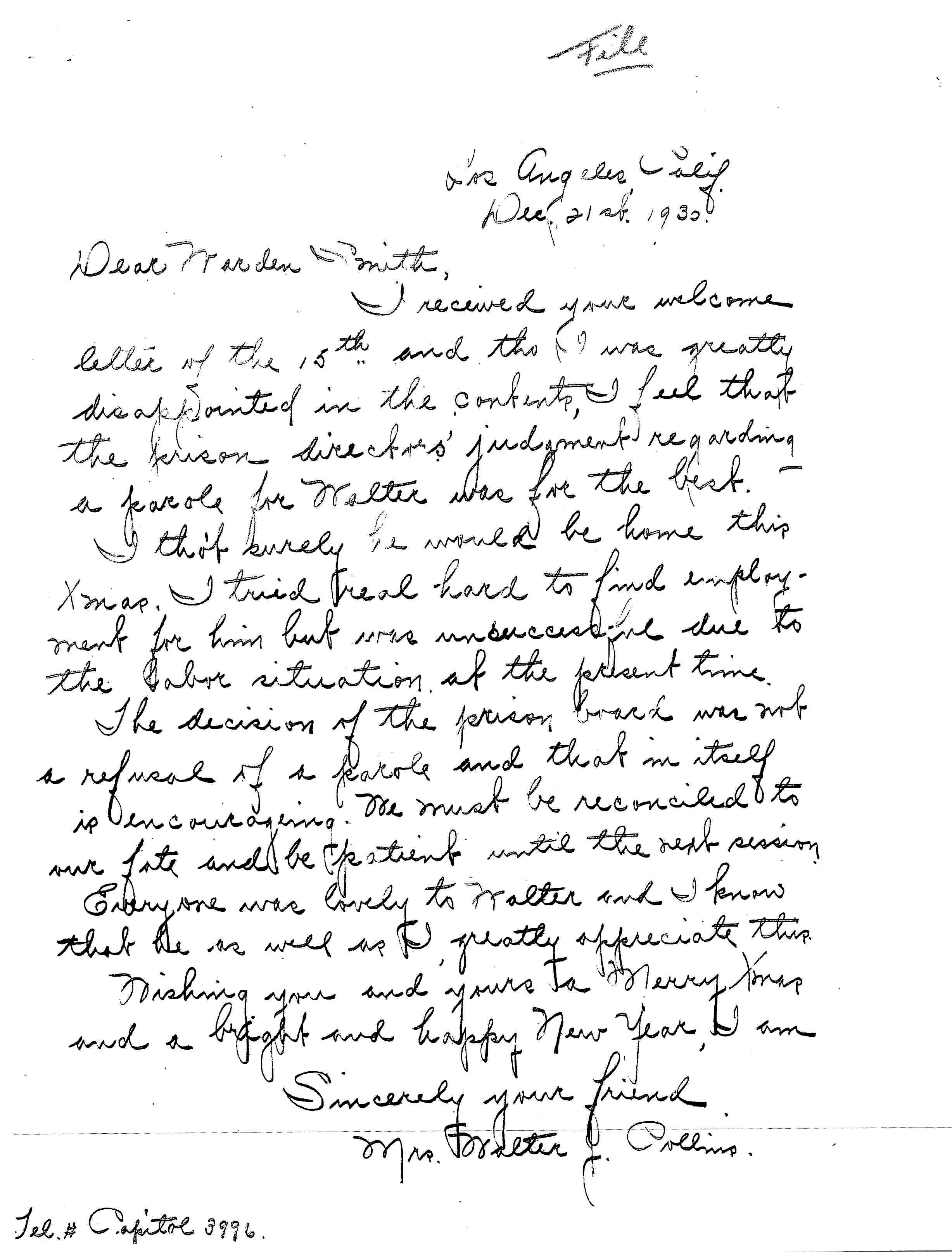 December 21, 1930: Christine Collins writes to the warden regarding the denial of parole for Walter Collins 