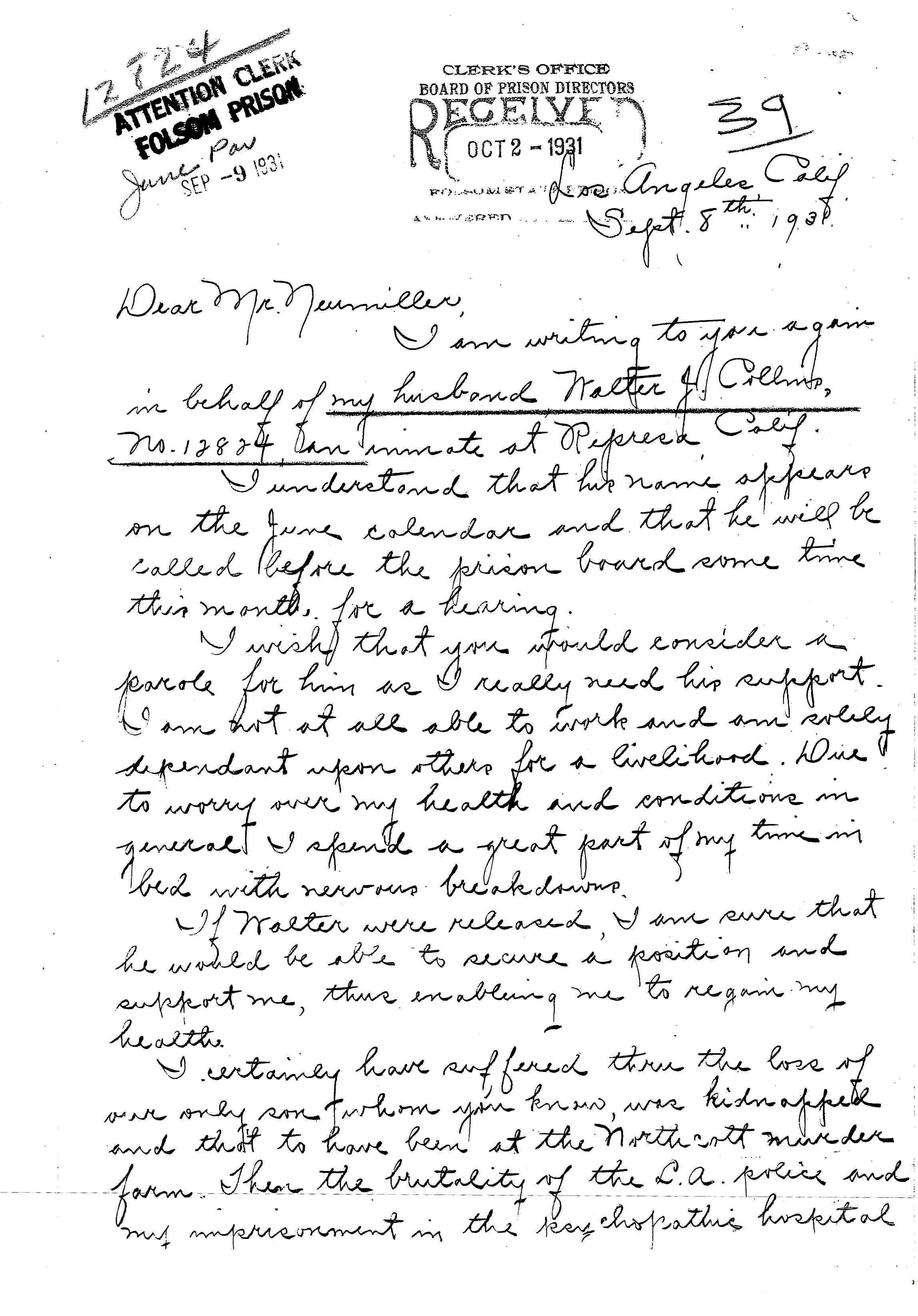 September 8, 1931: Letter from Christine Collins, Page 1