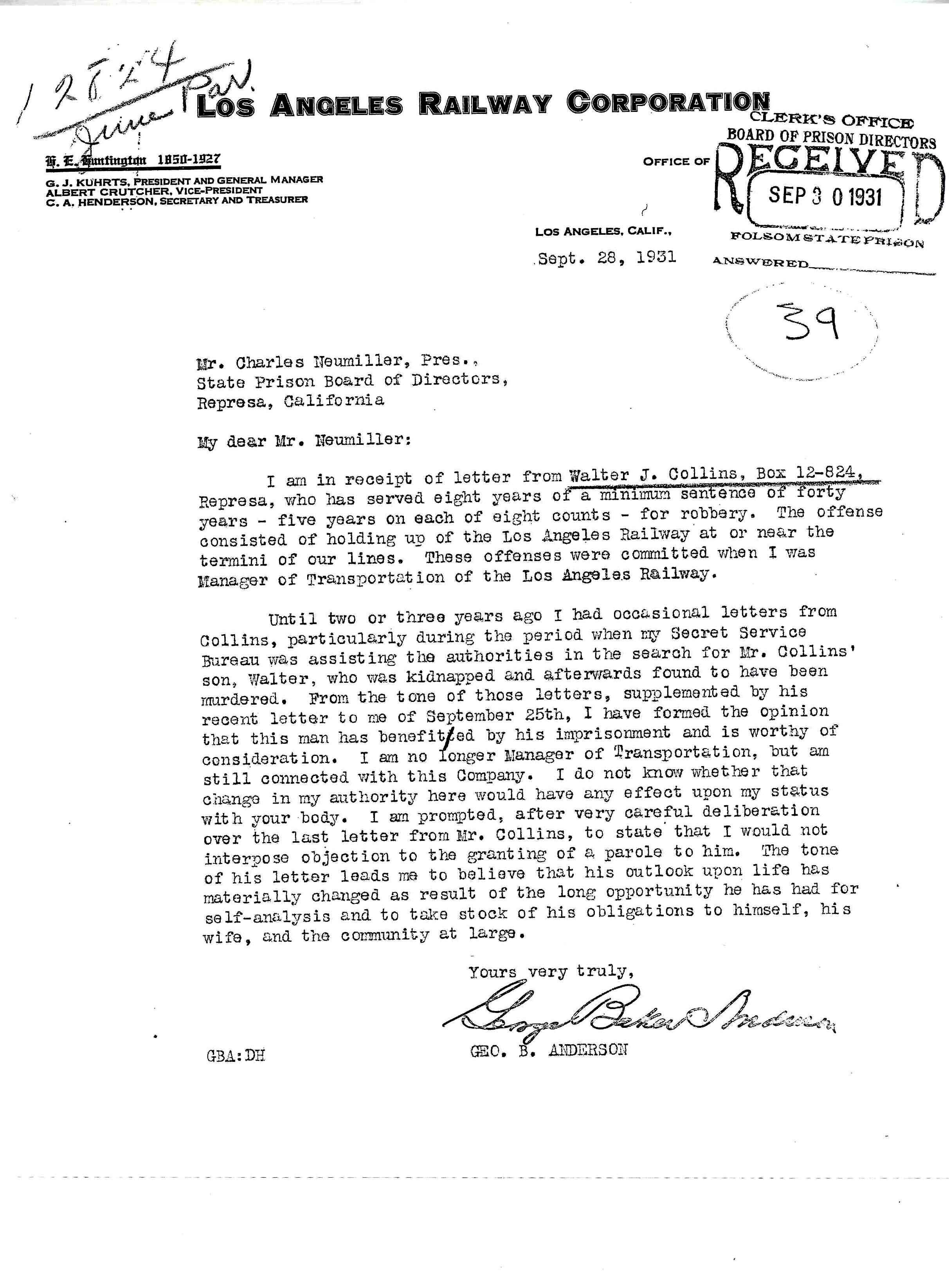 September 28, 1931: A letter from George Anderson regarding Walter Collins and his potential for parole.