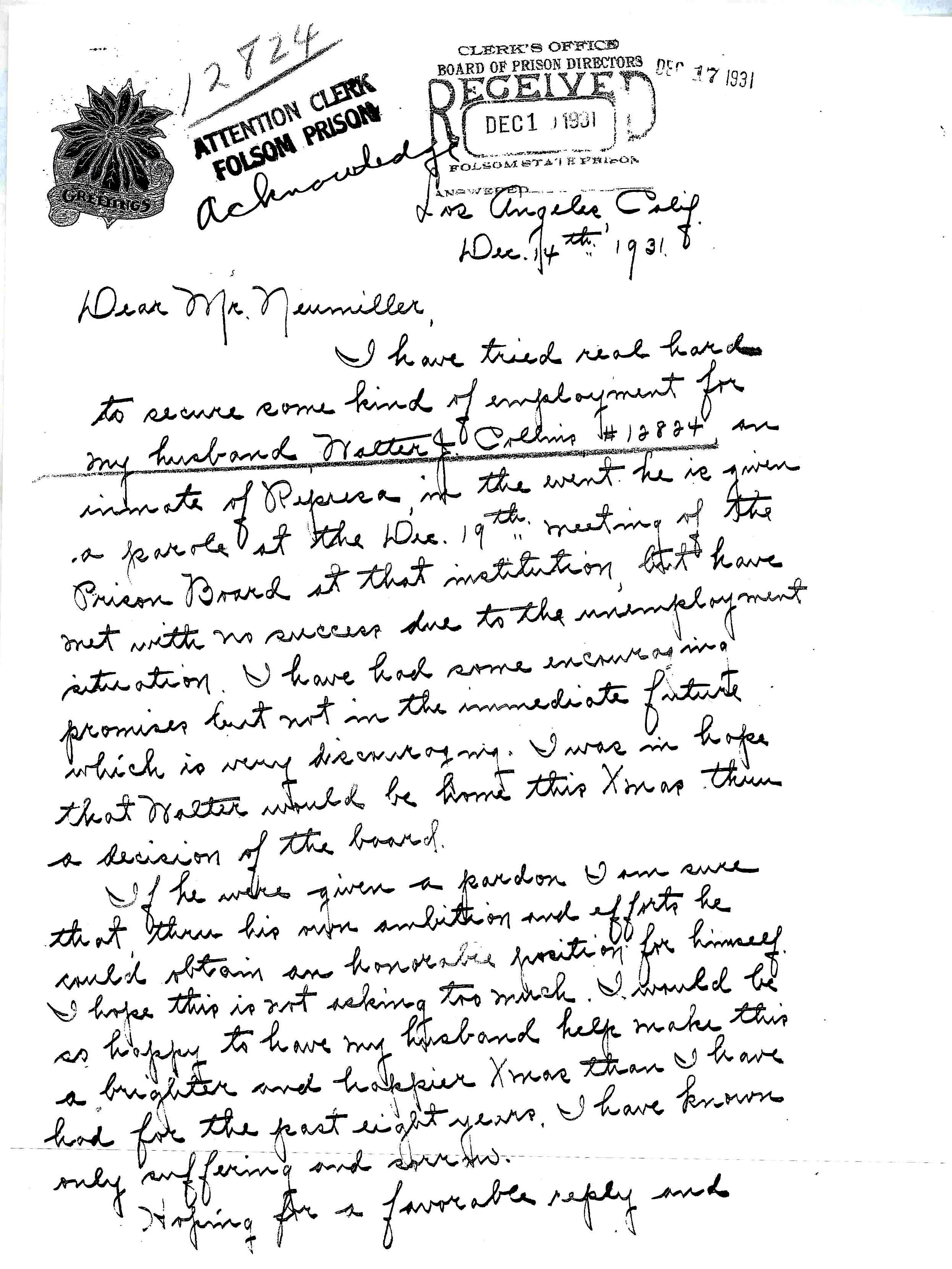 December 13, 1931: Christine Collins letter