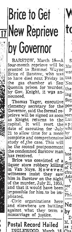 March 19, 1958: Reprieve for Remmel Brice.