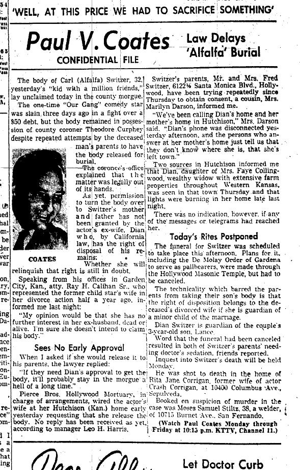 January 24, 1959: The body of Carl "Alfalfa" Switzer remains in the morgue because of a fight between his ex-wife and his parents. 