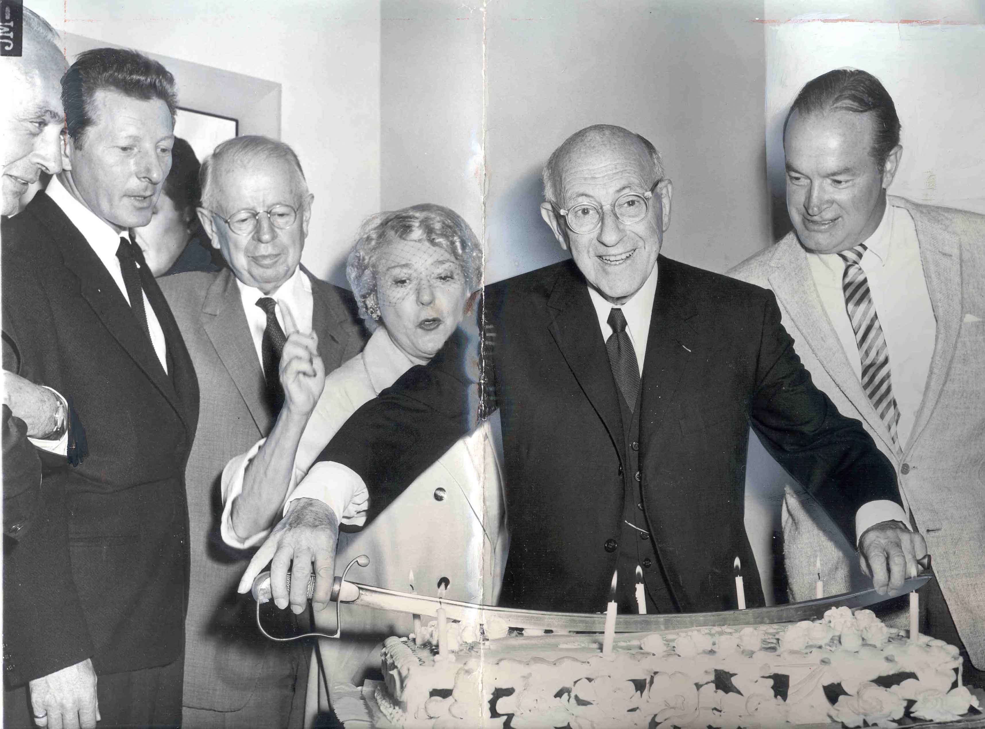 From left, Charles Boyer, Danny Kaye, Y. Frank Freeman, Mary Pickford, De Mille and Bob Hope in a photo published Aug. 13, 1958.
