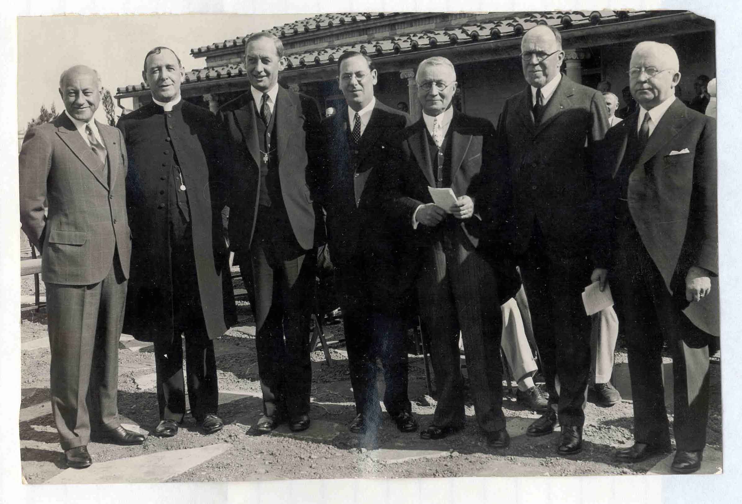 This is a photo of the newly dedicated university religious center at UCLA, published March 31, 1932. From left, De Mille, Bishop Cantwell, President Sproul, Rabbi Magnin, the Rev. James B. Fox, Provost E.C. Moore and the Rev. J. Lewis Gilles. 