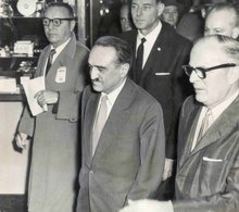 January 13, 1959: Mikoyan arrives at the Ambassador Hotel, accompanied by Times reporter Walter Ames, left, and hotel manager Philip Weber