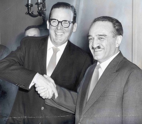 January 13, 1959: Mikoyan shakes hands with Los Angeles Mayor Norris Poulson.